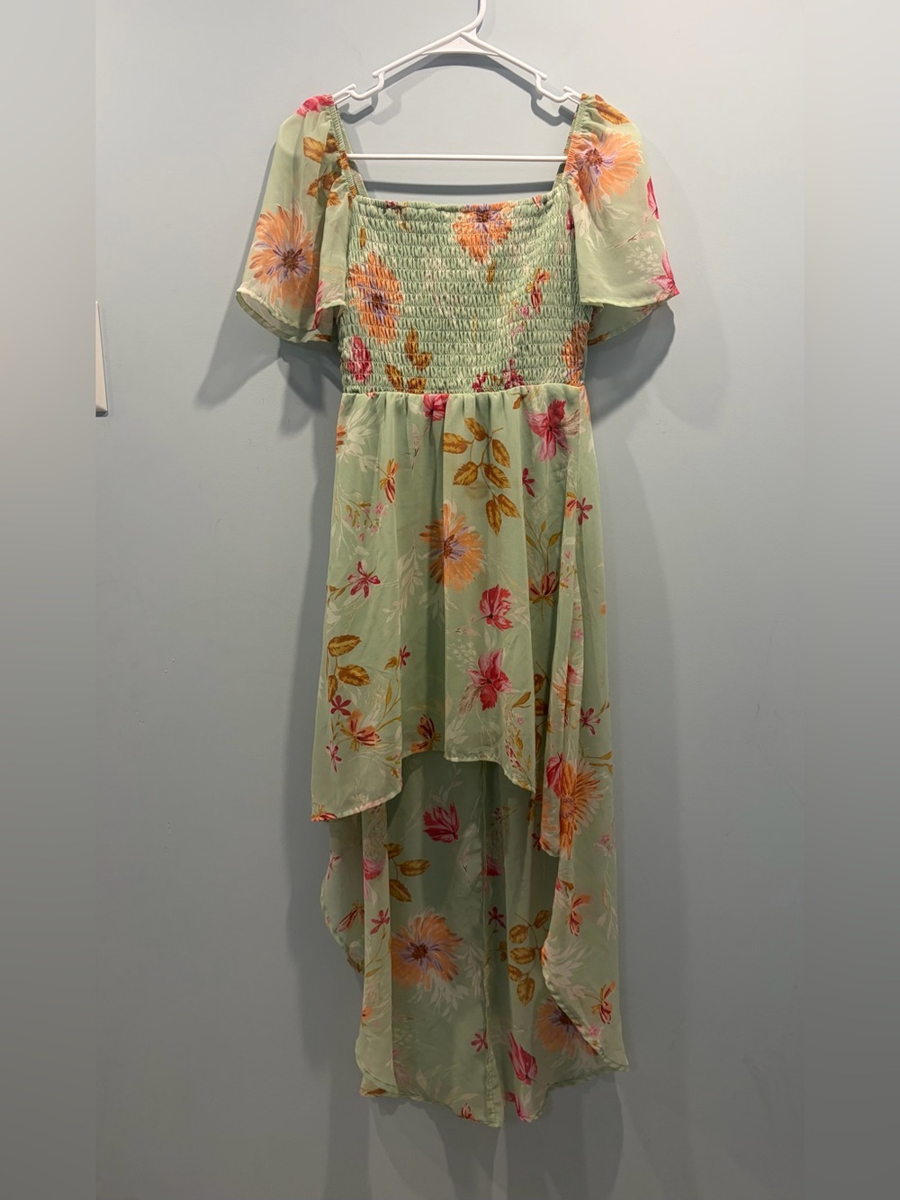 Lily Rose Sage Green Floral Smocked High-Low Dress (Size XS)